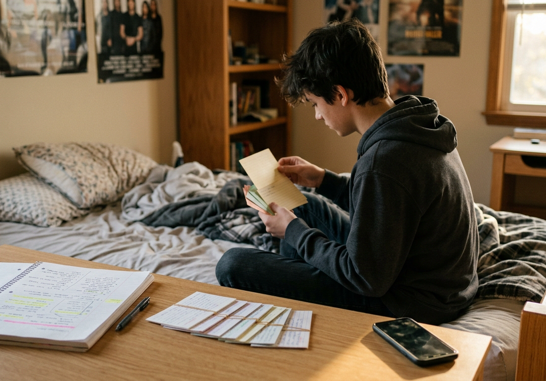 Quarto de adolescente ao fim da tarde, com luz quente entrando pela janela lateral. Em primeiro plano, mesa de madeira clara em ângulo de três quartos com caderno de espirar aberto, grifos amarelo e rosa, fila de fichas de estudo sobreposta