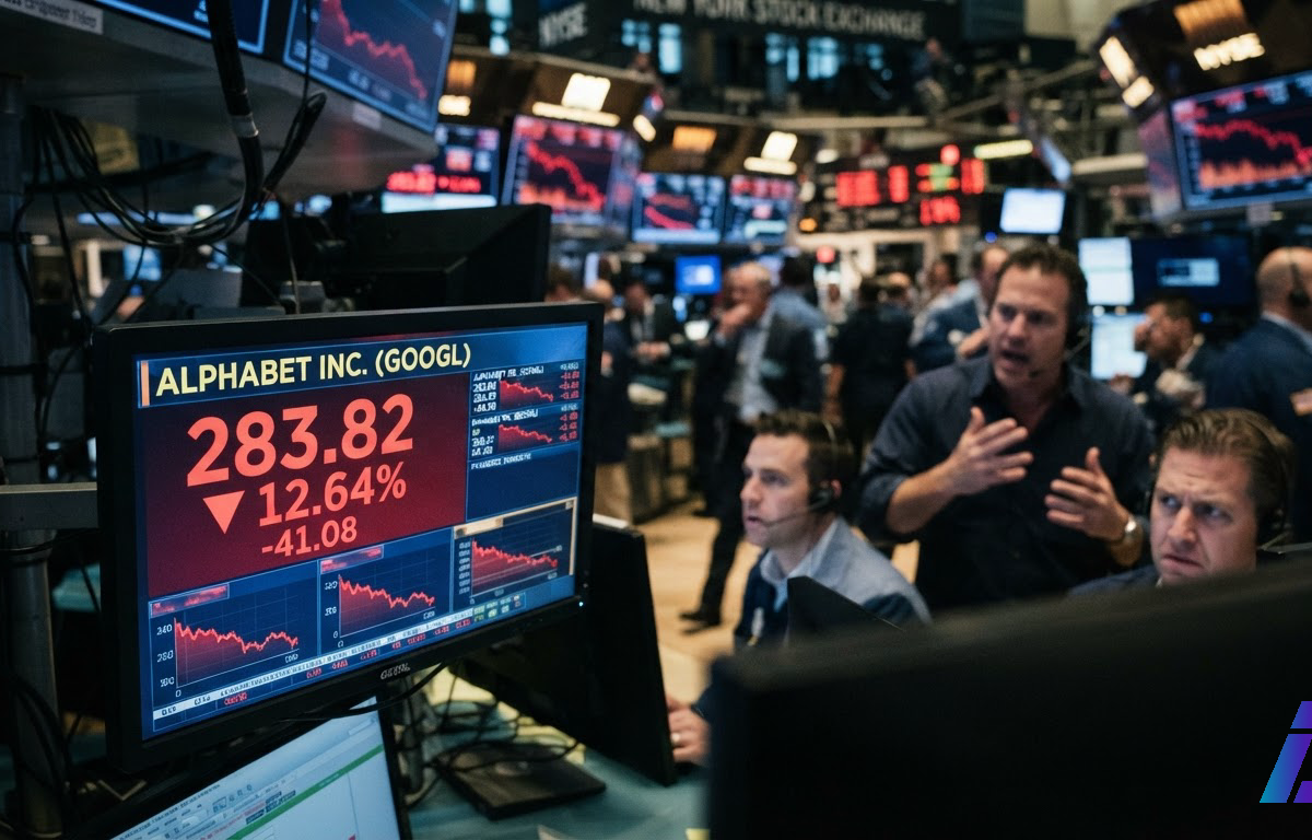 Telão de bolsa de valores com gráficos em vermelho em primeiro plano e operadores financeiros trabalhando tensos ao fundo, sob iluminação fria.