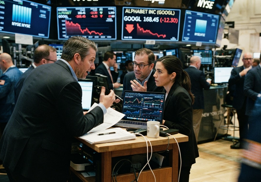 Analistas financeiros conversam no pregão de uma bolsa de valores diante de telas digitais que exibem gráficos em forte queda em tons de vermelho.