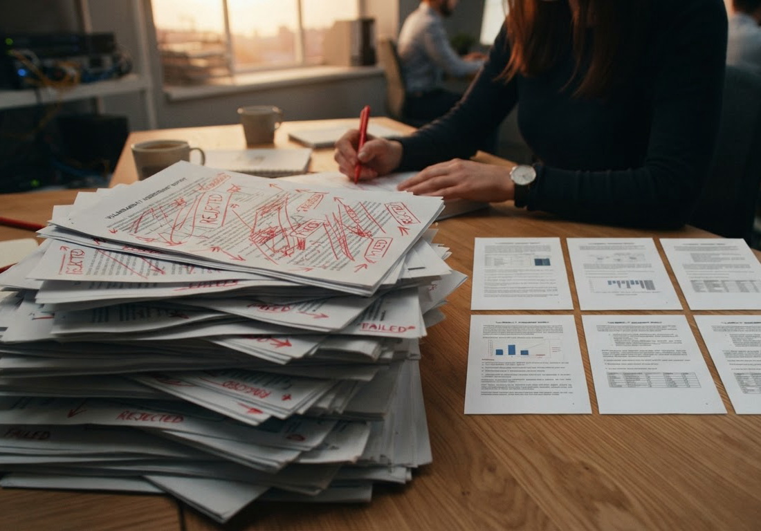Engenheira de segurança, de rosto não identificável, risca em vermelho uma pilha de relatórios impressos sobre a mesa, com seis folhas separadas ao lado, sob luz de fim de tarde