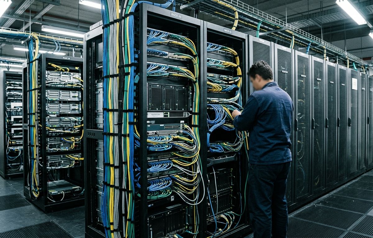 Corredor de centro de dados com racks de servidores em alta densidade, cabeamento estruturado e iluminação técnica fria.