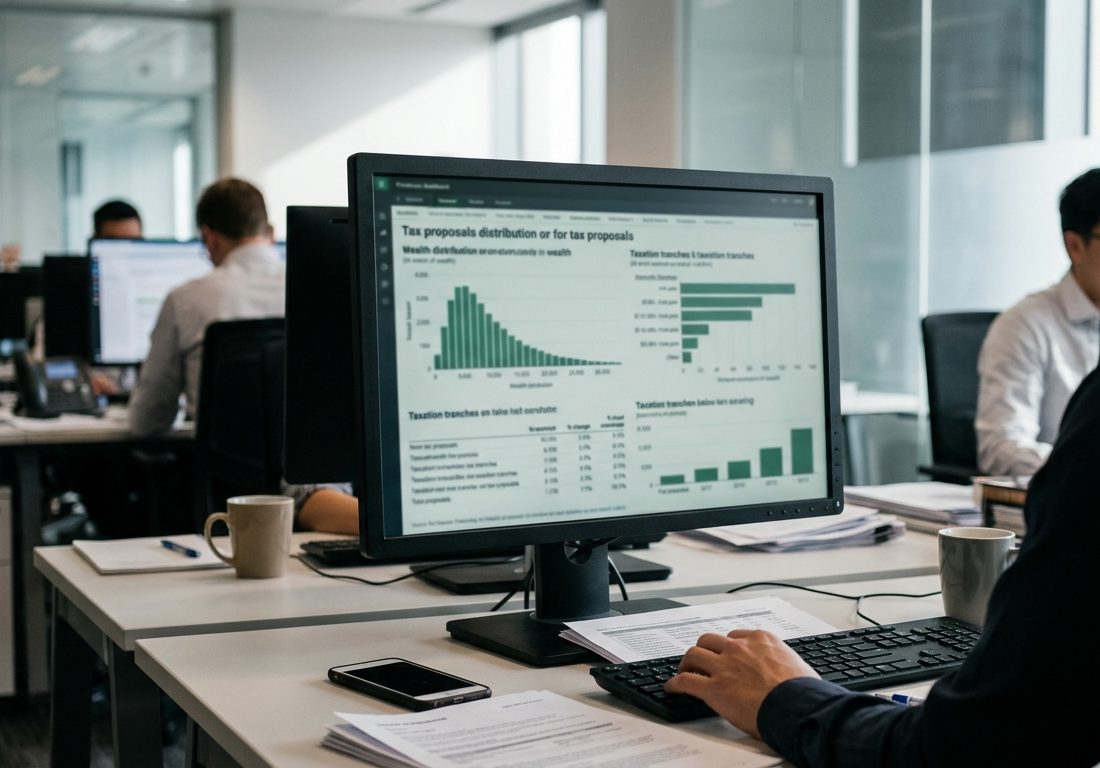 Monitor em ambiente corporativo iluminado exibindo interface gráfica com curvas financeiras abstratas e índices econômicos sem dados legíveis