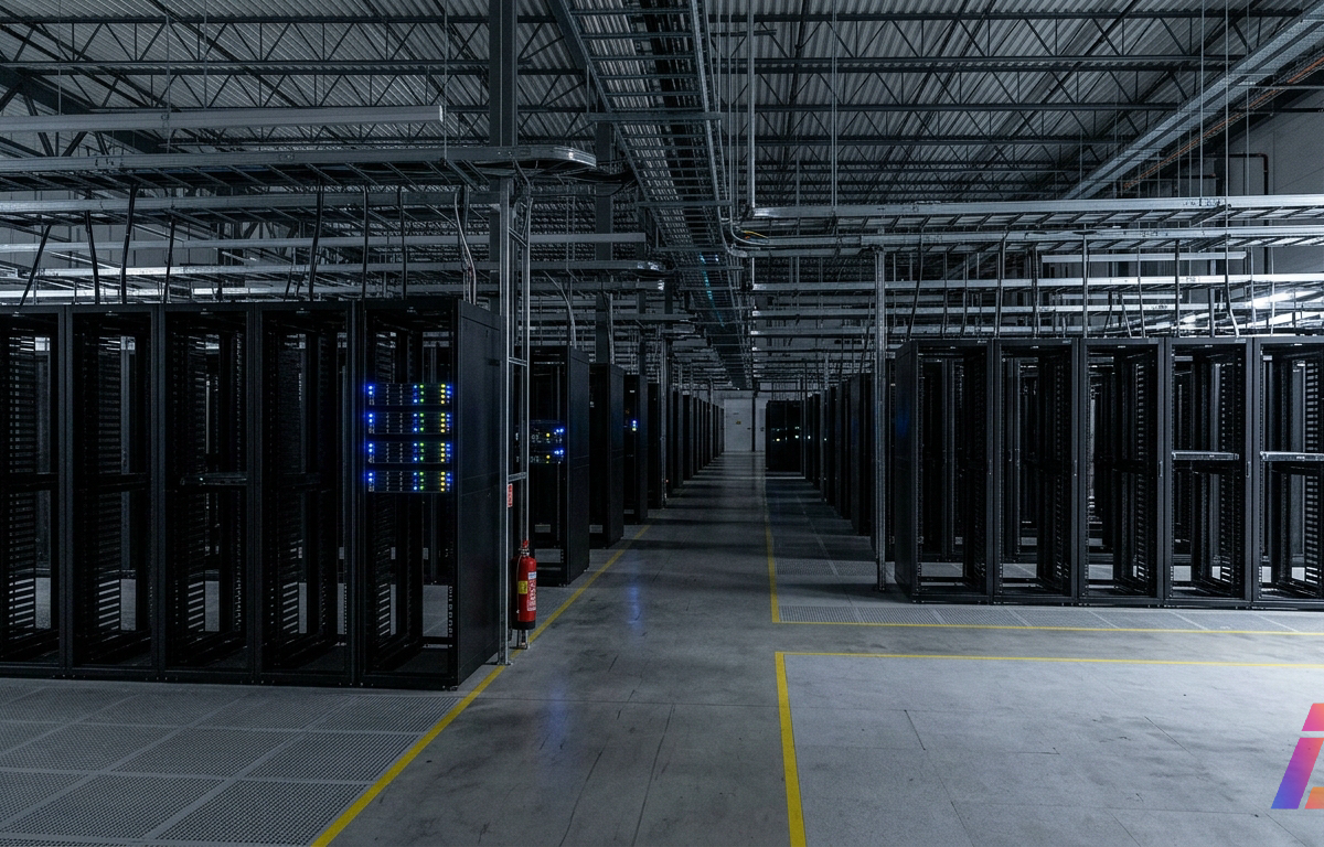 Corredor longo e cavernoso de um data center de grande escala, com fileiras de dezenas de racks de servidores idênticos e apagados, sem luzes de operação, sumindo na escuridão ao fundo. Apenas um pequeno trecho no terço esquerdo da cena est