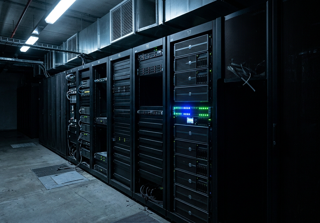 Corredor estreito e comprido de data center visto de frente, ladeado por duas fileiras simétricas de racks de servidores idênticos e apagados, com um único gabinete aceso à esquerda exibindo LEDs verdes e âmbar; dutos de refrigeração indust