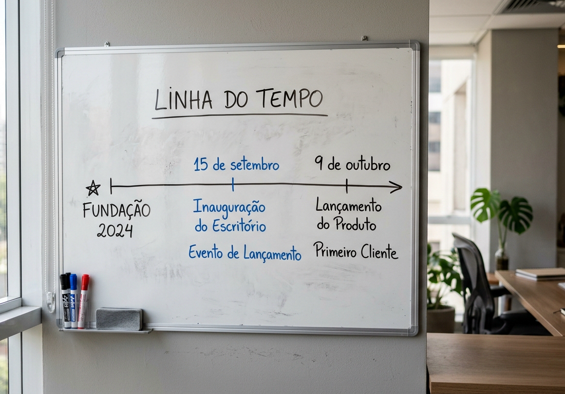Quadro branco em escritório com linha do tempo escrita à mão marcando datas de fundação e lançamentos, iluminado por luz natural suave vinda da janela.