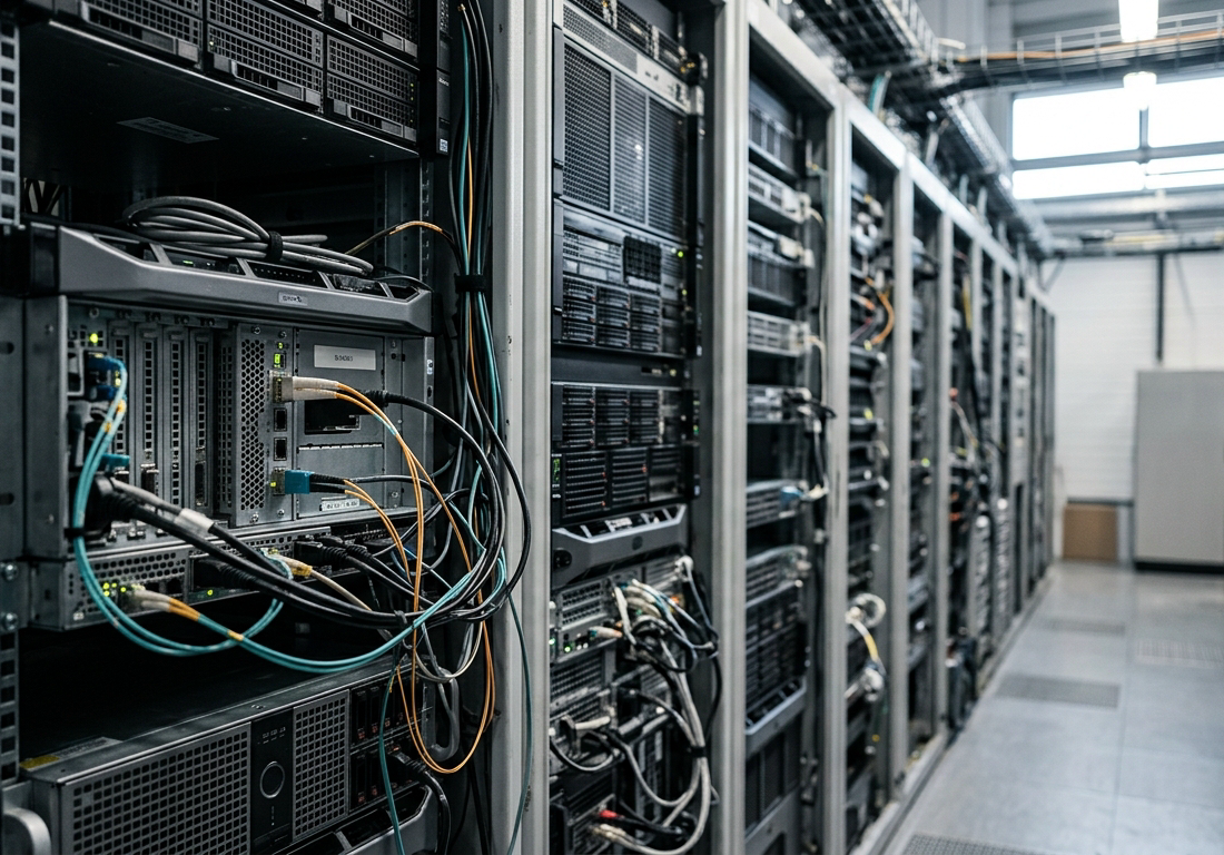 Racks de servidores em data center de alta densidade com cabos de rede estruturados e luzes indicadoras em operação.