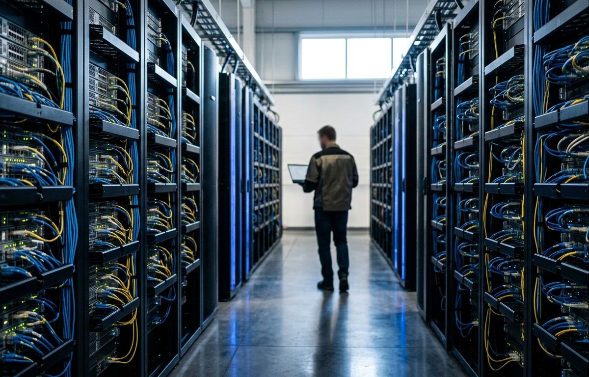 Corredor de centro de dados com fileiras de racks de servidores modernos, cabos de rede organizados e iluminação sutil em tons de azul