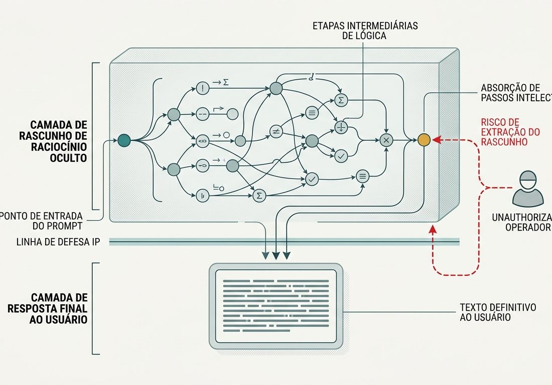 Diagrama esquemático em fundo claro dividindo uma área interna de processos lógicos intermediários em tons azul-petróleo e a saída final simplificada em tom âmbar.