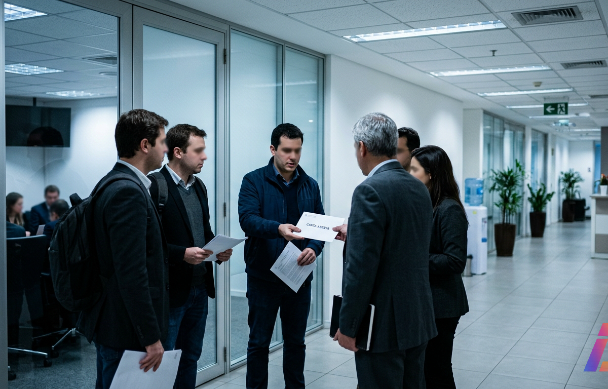 Três pessoas de costas ou de perfil, sem rostos identificáveis, entregando uma carta aberta a um comitê de supervisão em um escritório corporativo iluminado por luz fria, com mesas e painéis ao fundo, em estilo fotográfico editorial.