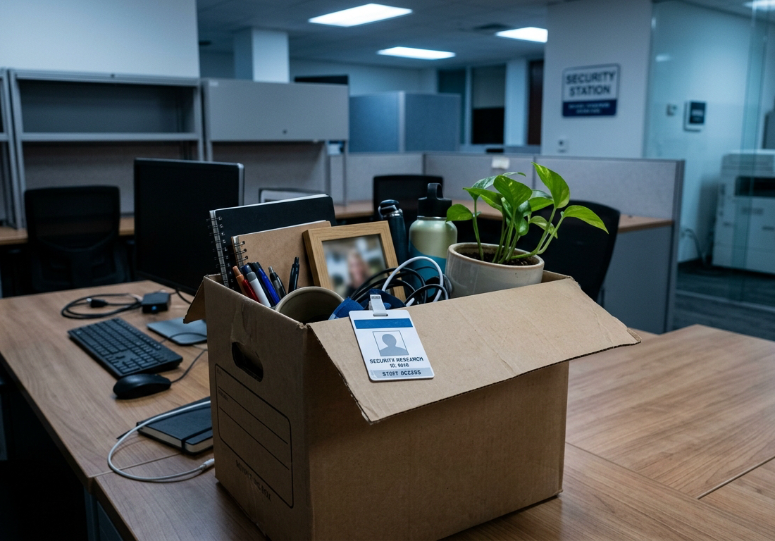 Crachá de acesso de funcionário abandonado sobre uma caixa de papelão com pertences pessoais em uma estação de trabalho desocupada de equipe de pesquisa em segurança corporativa, sob luz fria de escritório.