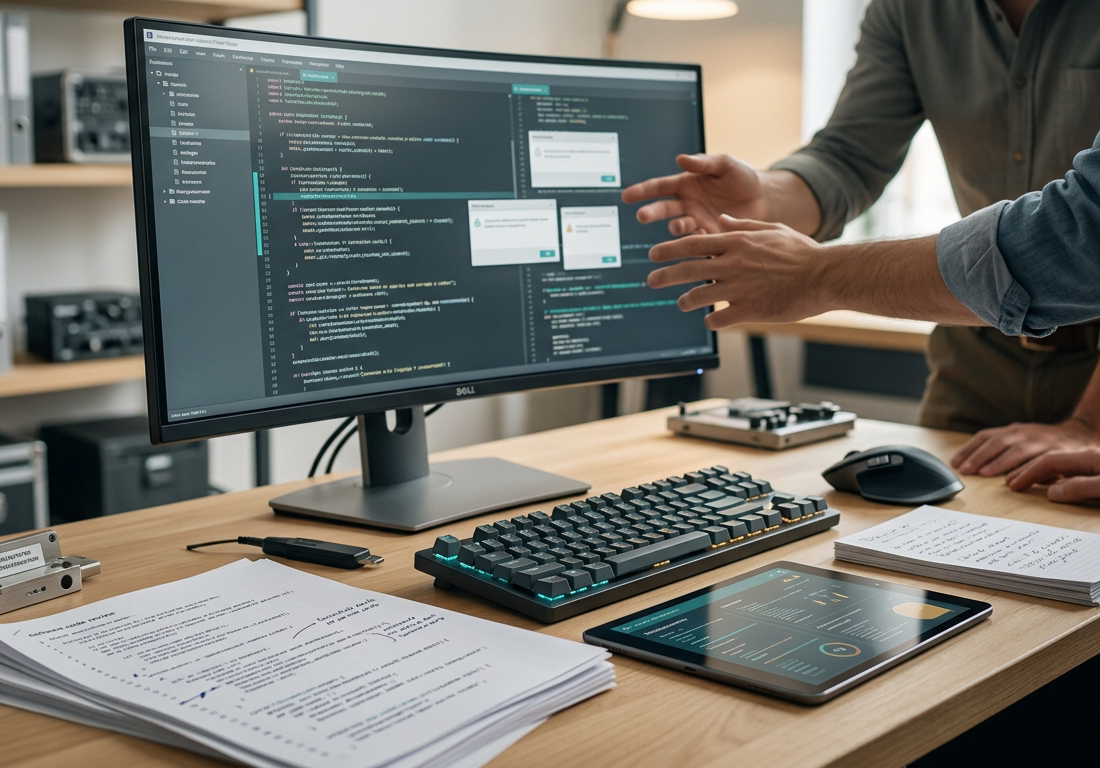 Bancada técnica de laboratório com monitores embutidos e tablets exibindo gráficos de validação de software, enquanto especialistas analisam dados de segurança digital sob iluminação suave.