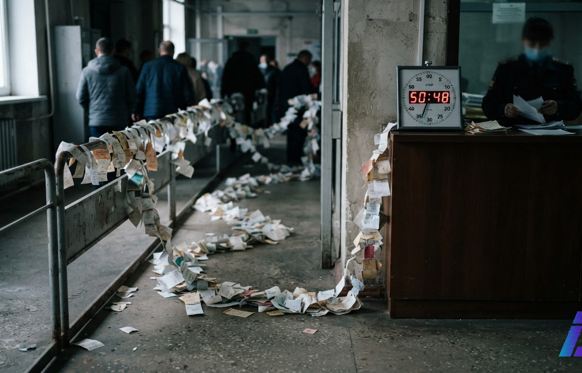 Fila irregular de tiras de papel curtas avançando sobre um balcão em direção a um único guichê de atendimento, com um cronômetro ao lado marcando 50 milissegundos sob luz lateral fria