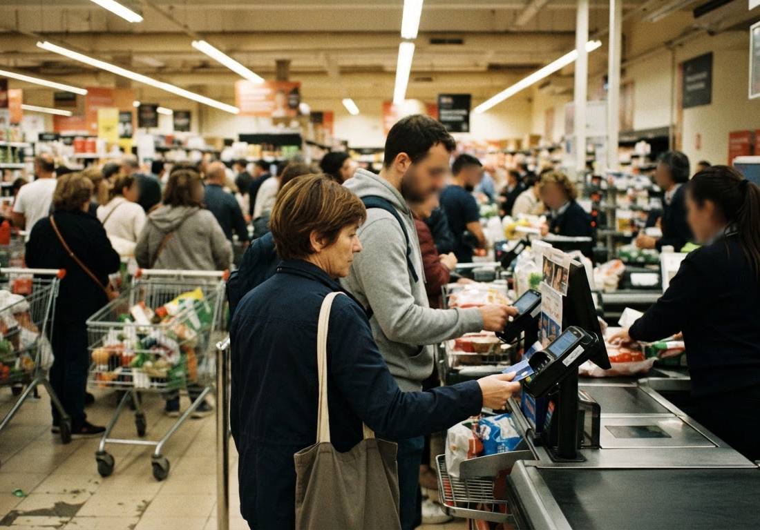 Fila irregular de clientes diante de caixas de supermercado lotados sob luz fluorescente, com várias mãos aproximando cartões das maquininhas ao mesmo tempo