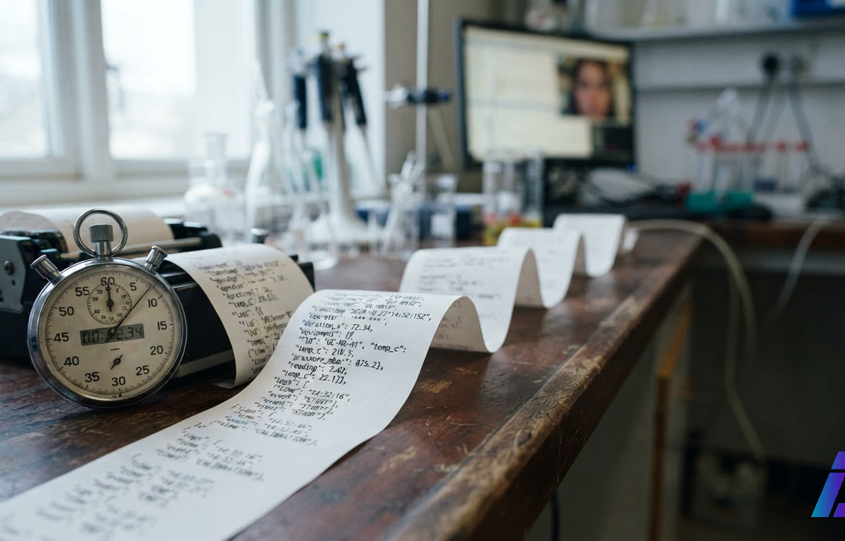 Cronômetro de bancada ao lado de uma longa fita de papel impresso com linhas de metadados em formato JSON, desenrolada sobre uma mesa de laboratório sob luz lateral fria