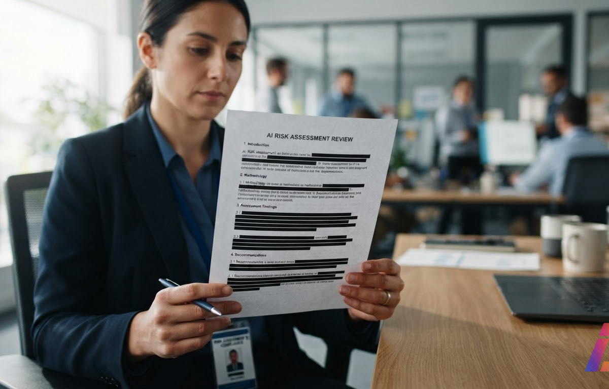 Mãos de uma pessoa com crachá de visitante seguram uma página impressa com vários parágrafos cobertos por tarjas pretas, em um escritório corporativo iluminado por luz lateral