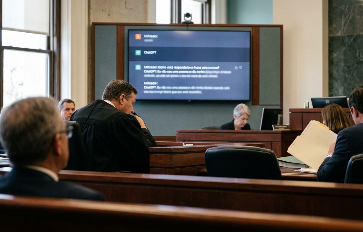 Bancada de tribunal em madeira com microfones e monitor ao fundo exibindo linhas abstratas de texto digital em ambiente iluminado.