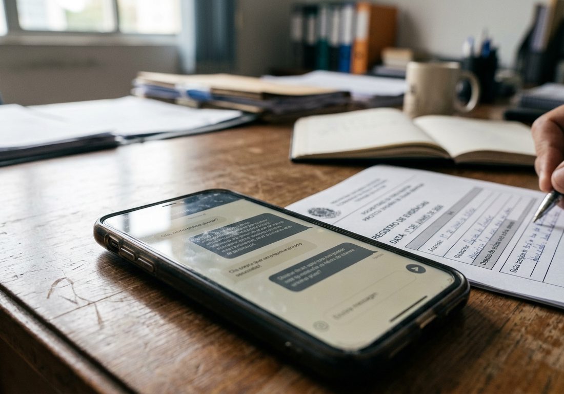 Tela de computador portátil repousada sobre mesa clara em ambiente sóbrio de escritório, exibindo uma interface de chat textual em tons neutros com iluminação natural suave