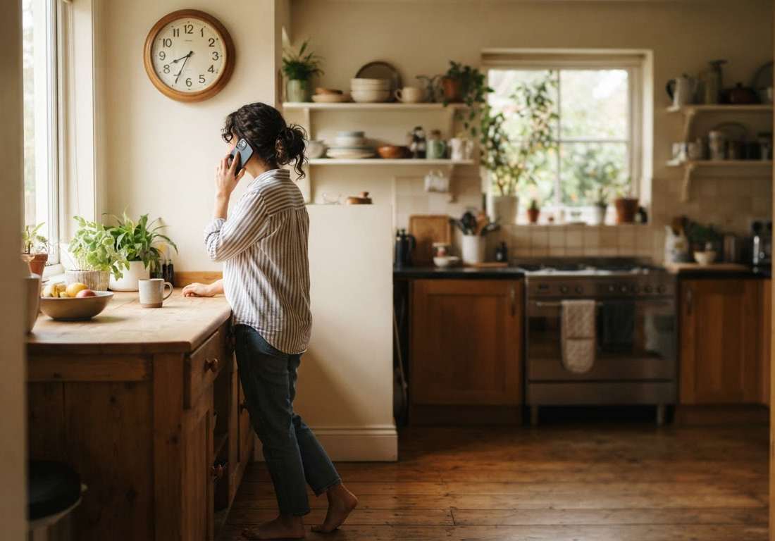 Mulher ao telefone na cozinha, aguardando resposta, com relógio de parede ao fundo e luz natural da manhã entrando pelo ambiente