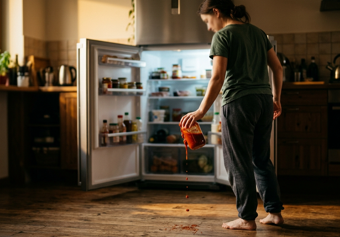 Pessoa de costas e meio perfil, com camiseta simples e calça confortável, de pé diante de uma geladeira aberta em uma cozinha doméstica banhada por luz quente de fim de tarde, segurando um pote de vidro com molho vermelho que escorre pela l