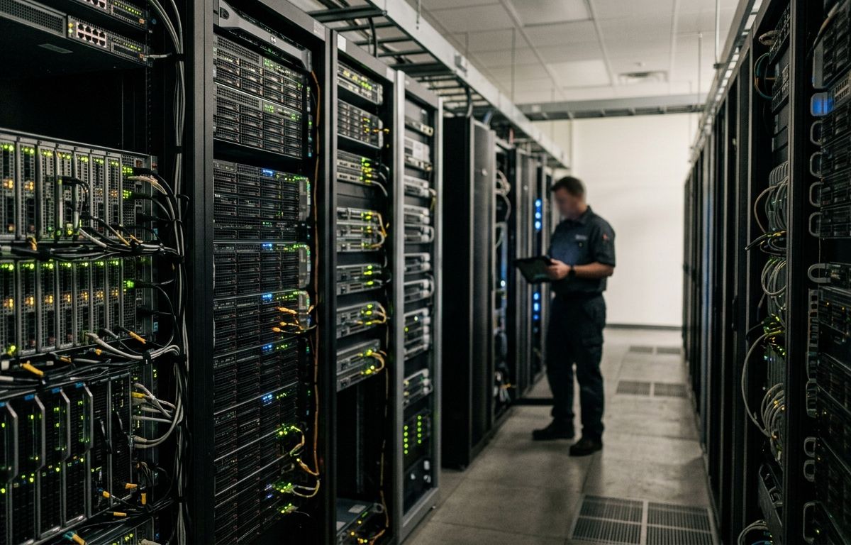Fileira de racks de servidores em data center iluminado, com pequenos pontos de luz e cabos de rede organizados