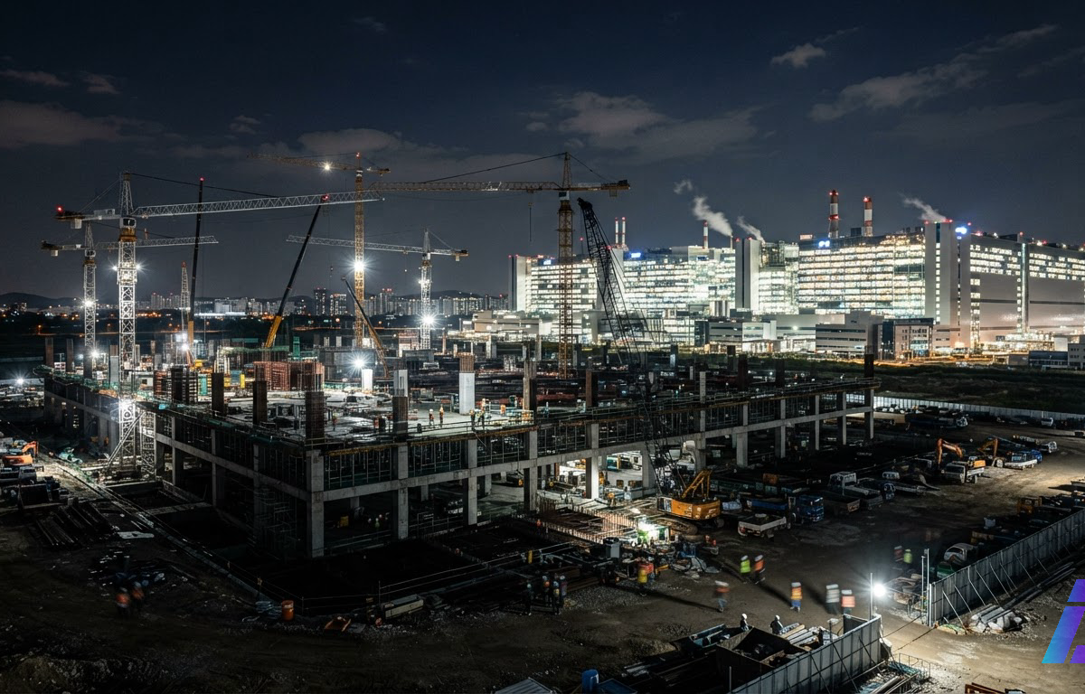 Guindastes sobre estrutura de concreto em construção ao lado de fábricas iluminadas em operação durante a noite
