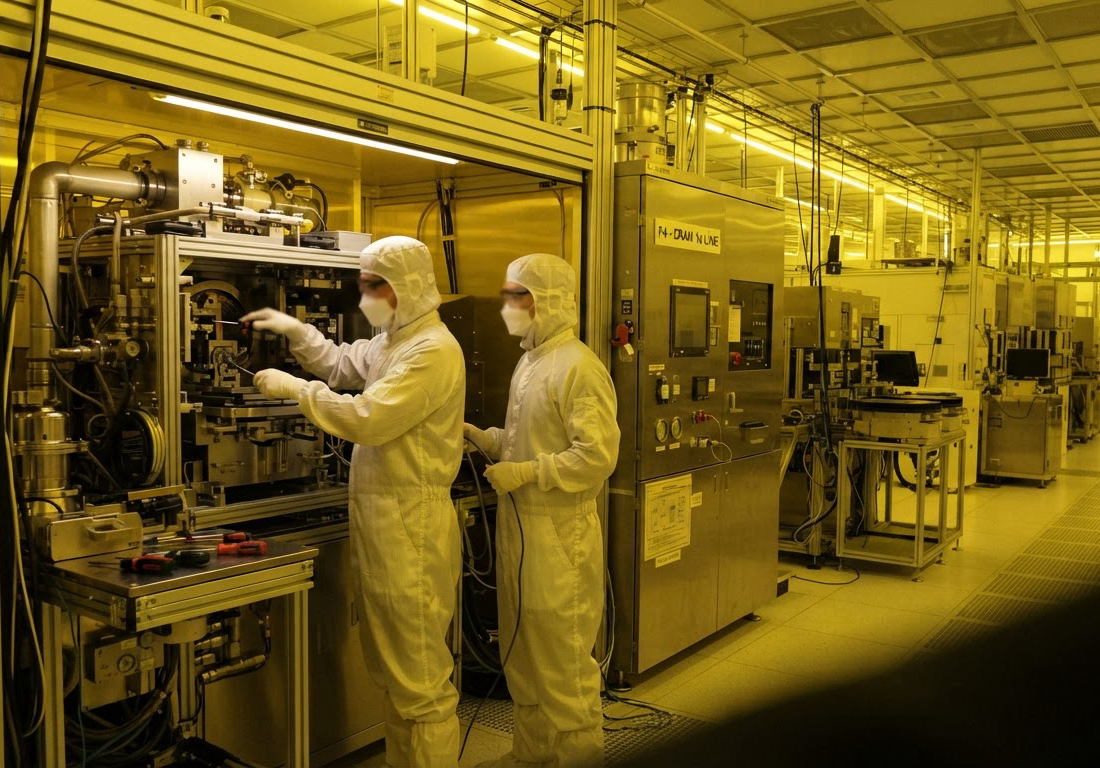 Técnicos em trajes brancos de sala limpa instalam equipamentos de processamento de wafers em uma linha de fabricação de semicondutores iluminada por luz amarela