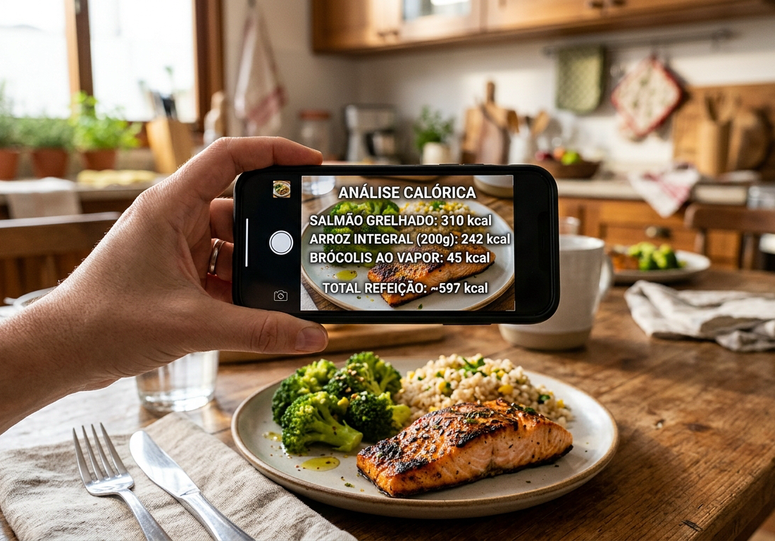 Prato com frango grelhido, quinoa, abacate e legumes sobre balança digital de cozinha em bancada de madeira clara, com marmitas de vidro, copo de água com limão e caderno ao lado; mão com pulseira escura ajusta o prato, luz natural entrando