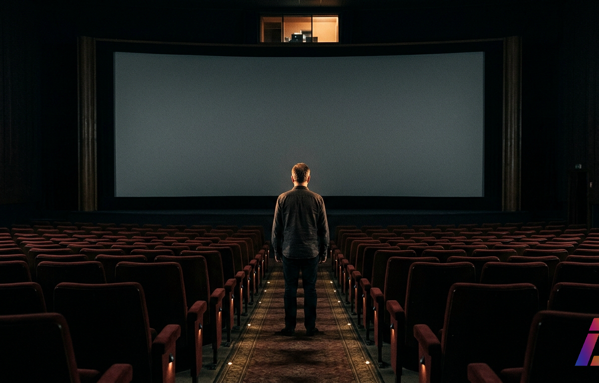 Homem visto de costas parado no corredor de uma sala de cinema vazia, cercado por poltronas vermelhas e diante de uma grande tela apagada.