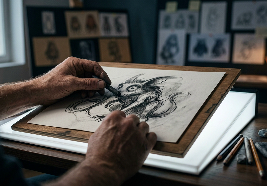 Mãos de artista segurando esboço conceitual de criatura sobre prancheta iluminada em estúdio de animação com lápis ao redor.