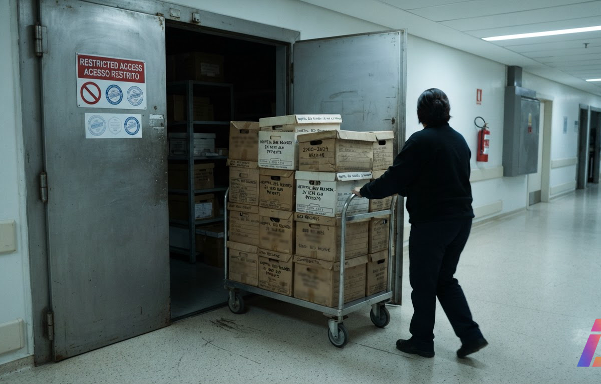 Carrinho com caixas de arquivo de registros hospitalares atravessando a porta de um arquivo governamental de acesso restrito, sob a luz fria de um corredor