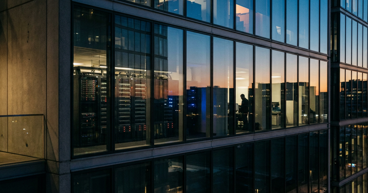 Fachada de prédio de tecnologia com servidores visíveis pelas janelas ao entardecer