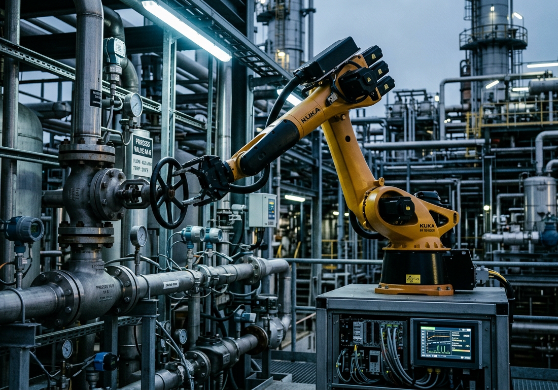Sala de controle industrial ao anoitecer com vista envidraçada para o pátio de processo: braço robótico branco-laranja estende seu atuador até uma válvula manual de ferro fundido em tubulação isolada, girando a manivela com leve motion blur