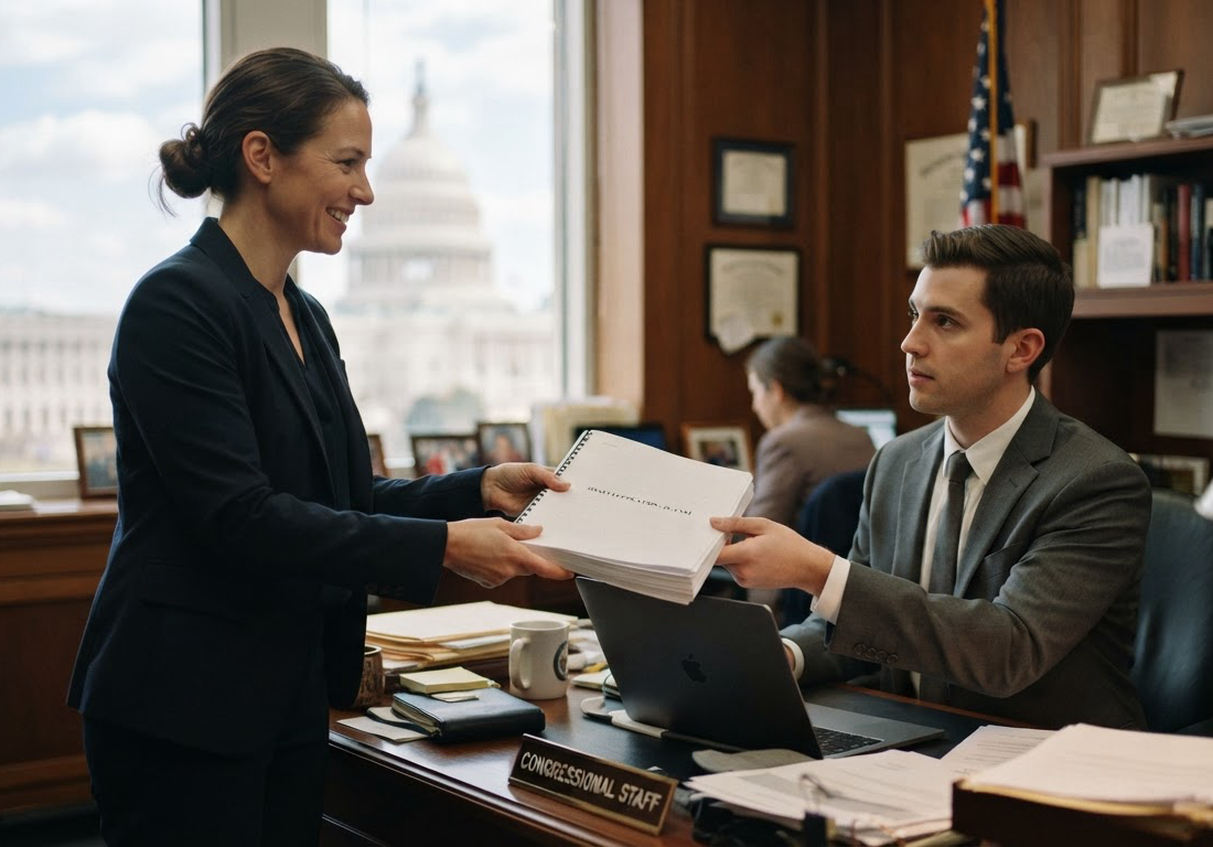 Pessoa de terno entrega documento impresso a assessor em gabinete com mesa de madeira, bandeira dos Estados Unidos ao fundo e luz natural entrando pela janela