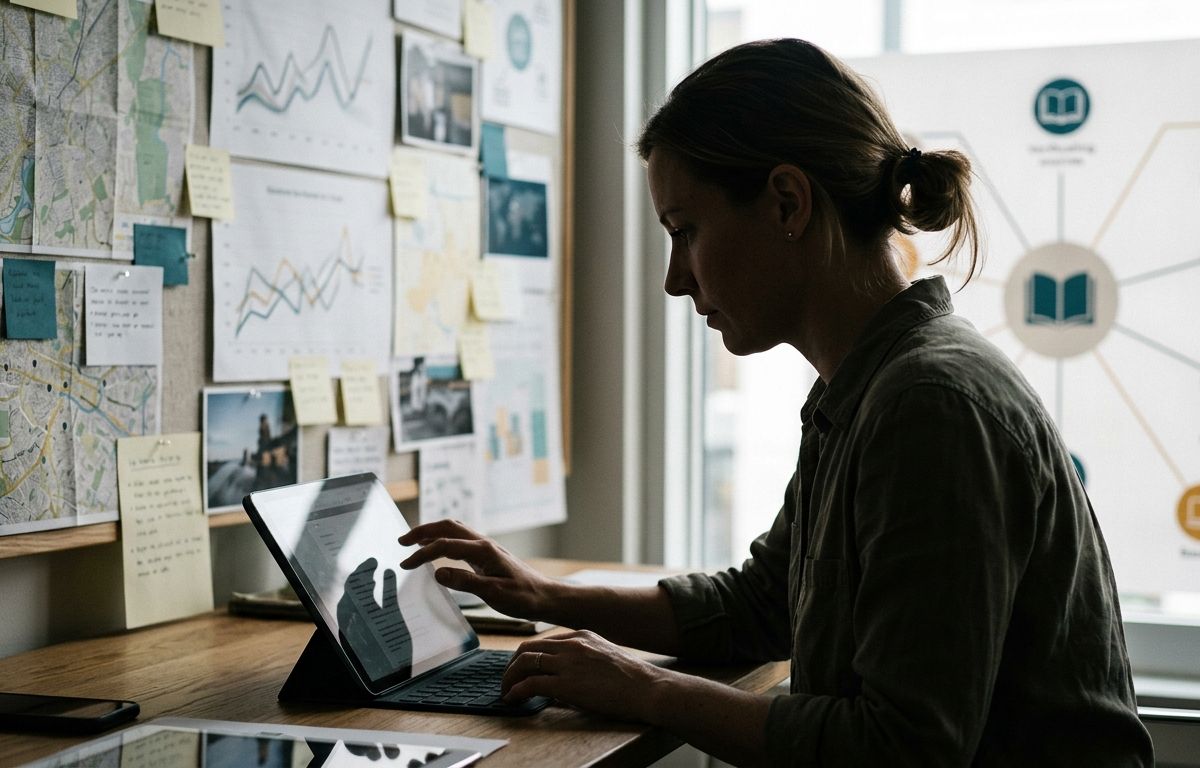 Profissional diante de um monitor em ambiente de trabalho claro, analisando fluxos visuais de dados e conexões em uma interface digital.