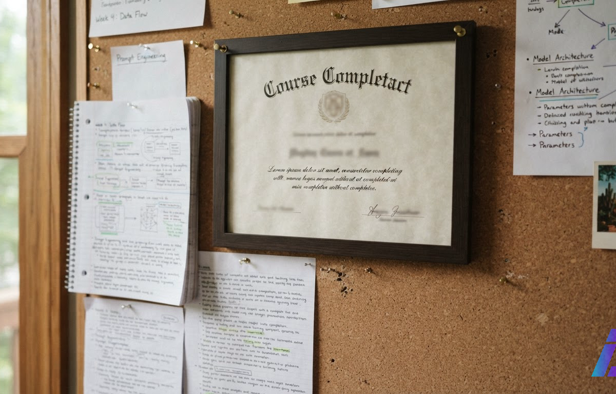 Certificado impresso preso com tachinhas em mural de cortiça, ao lado de folhas de anotações manuscritas, iluminado pela luz natural de uma janela