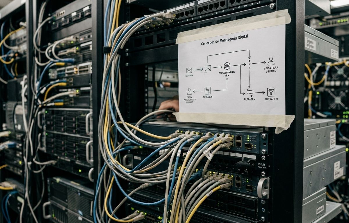 Servidores montados em rack com cabeamento de rede estruturado em primeiro plano, exibindo luzes indicadoras discretas em ambiente técnico claro.