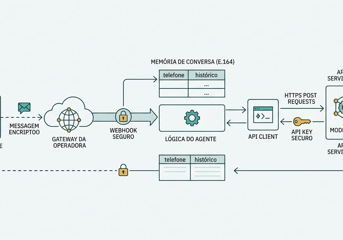 Diagrama esquemático em perspectiva limpa sobre fundo claro com nós interligados em azul-petróleo e âmbar, ilustrando a conexão entre um dispositivo móvel, um nó central de processamento e um módulo de dados.