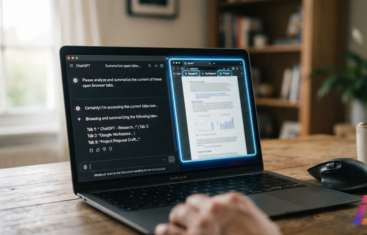 Tela de notebook com navegador aberto exibindo várias abas, ao lado de uma conversa em que o assistente é marcado para acessar as páginas, sob luz natural suave