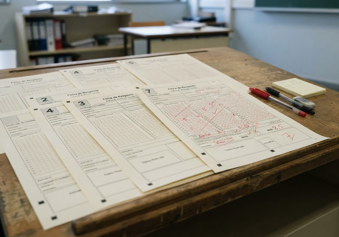 Sete fichas de resposta numeradas sobre uma mesa de correção em ambiente de avaliação com luz fria; uma ficha recém-avaliada se destaca e os espaços reservados aos arquivos de entrada permanecem vazios, com o canto inferior direito livre.