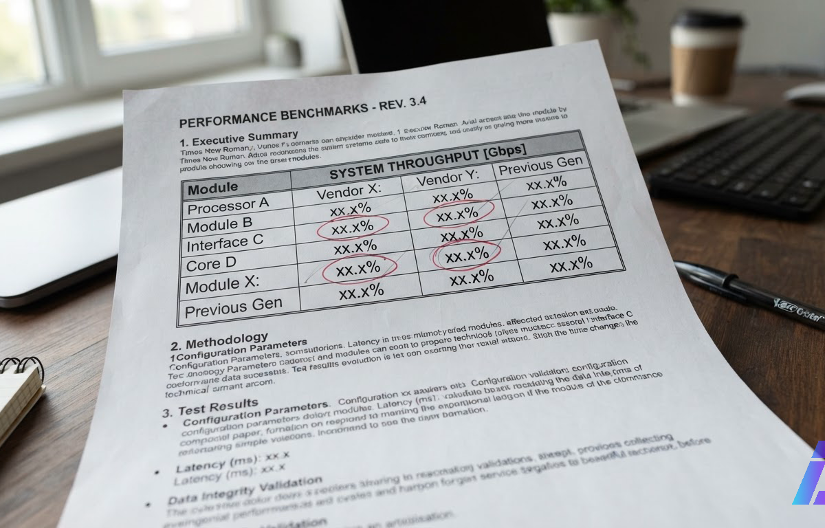 Folha impressa de documentação técnica sobre uma mesa de escritório, com marcadores no lugar dos números de benchmark circulados à caneta vermelha, iluminada por luz lateral