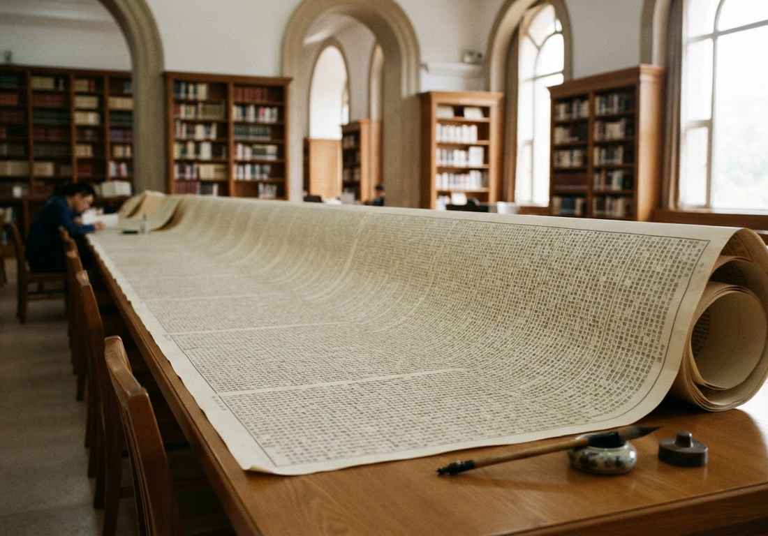 Rolo contínuo de papel impresso desenrolado ao longo de uma extensa mesa de madeira em uma biblioteca, iluminado por luz natural lateral que entra pelas janelas