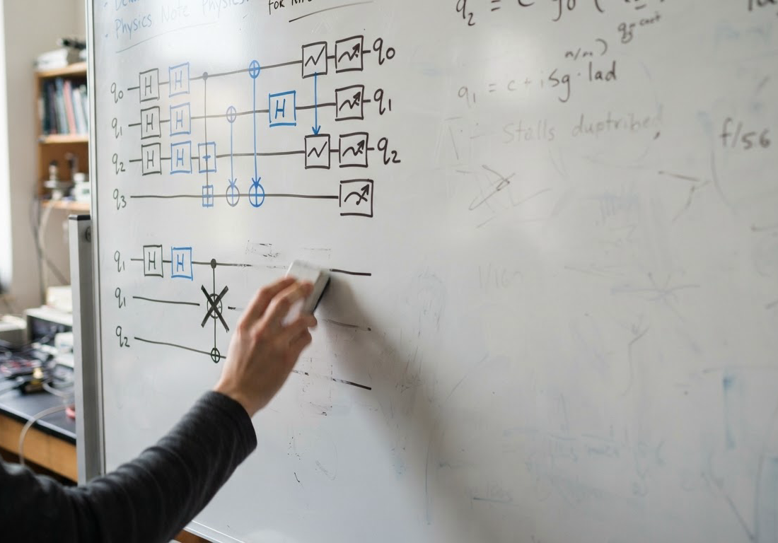 Quadro branco com dois diagramas de circuito quântico lado a lado, o de baixo com menos portas, enquanto uma mão apaga uma porta riscada sob luz natural lateral