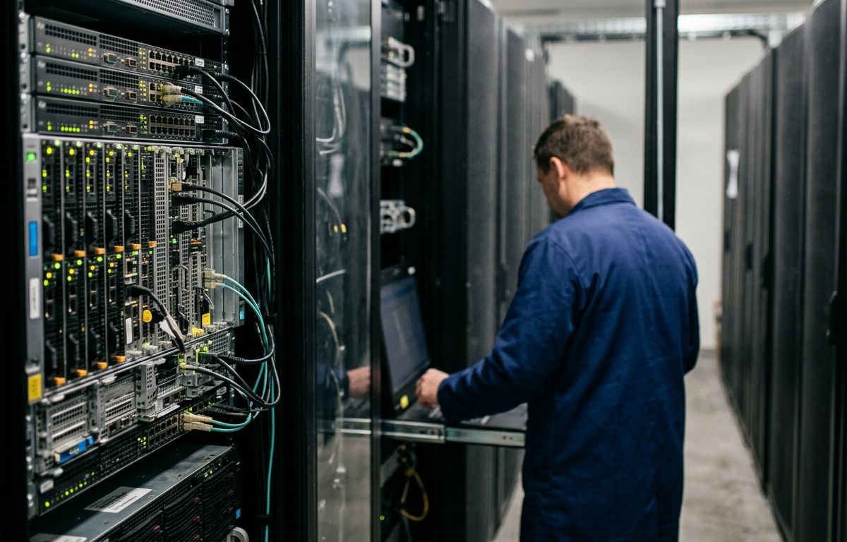 Fileiras de racks com servidores em operação dentro de um centro de dados, exibindo luzes indicadoras acesas e cabeamento organizado sob iluminação neutra.