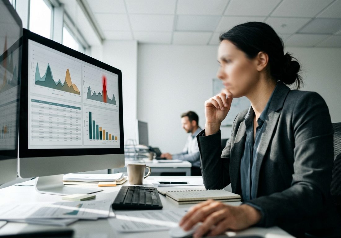 Pessoa em ambiente corporativo vista de perfil analisando gráficos e indicadores abstratos em um monitor de computador em mesa de escritório bem iluminada.