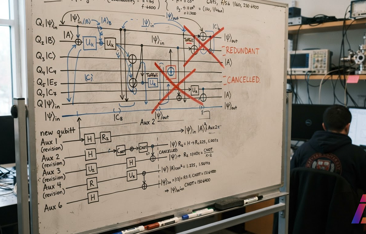 Quadro branco de laboratório com diagrama de circuito quântico desenhado a caneta, portas Toffoli riscadas e anotações recontando qubits auxiliares, iluminado por luz lateral