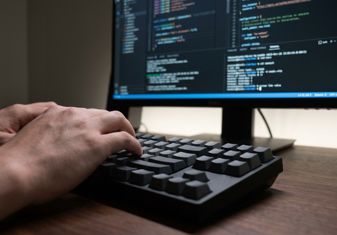 Plano detalhe de mãos digitando em teclado mecânico com reflexo da luz de um monitor que exibe código de programação.