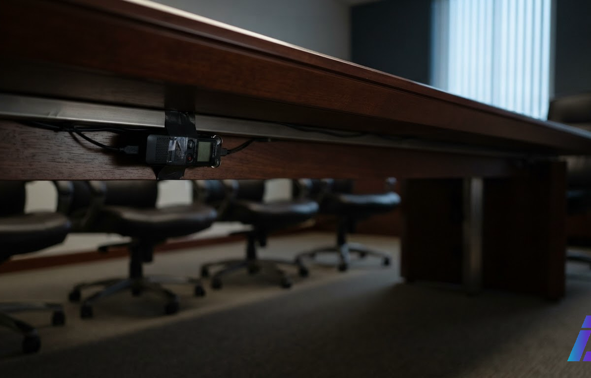 Pequeno gravador de áudio preso sob o tampo de uma mesa de reuniões, com cadeiras vazias ao redor e luz fria entrando pelas persianas