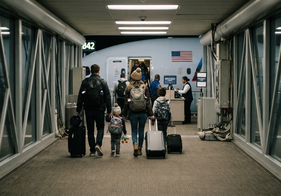 Família de costas, com malas de rodinhas, caminha por um portão de embarque de aeroporto sob luz fluorescente em direção à ponte de embarque de um voo internacional