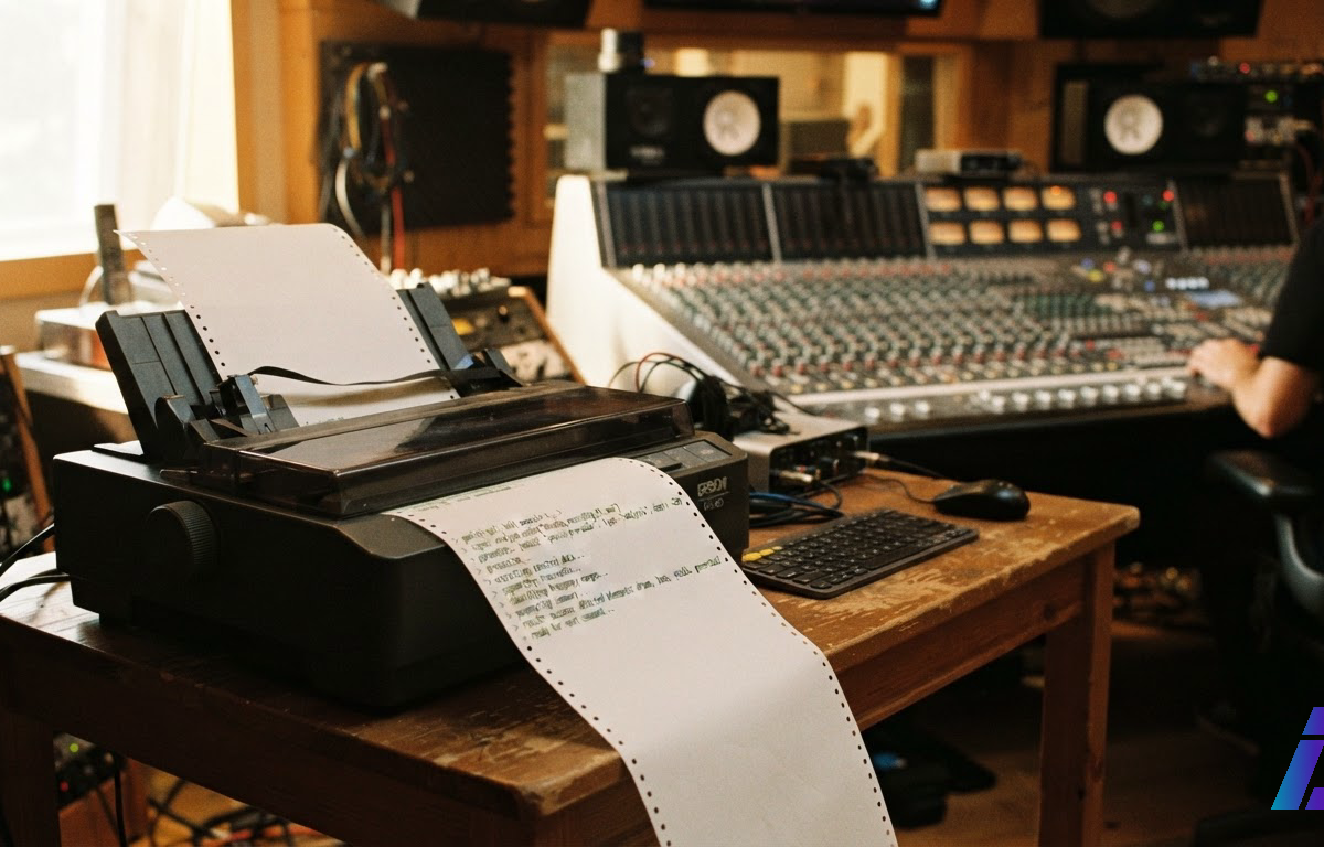 Papel contínuo com linhas de comando saindo de uma impressora matricial em um estúdio de som, com mesa de mixagem ao fundo sob luz lateral quente
