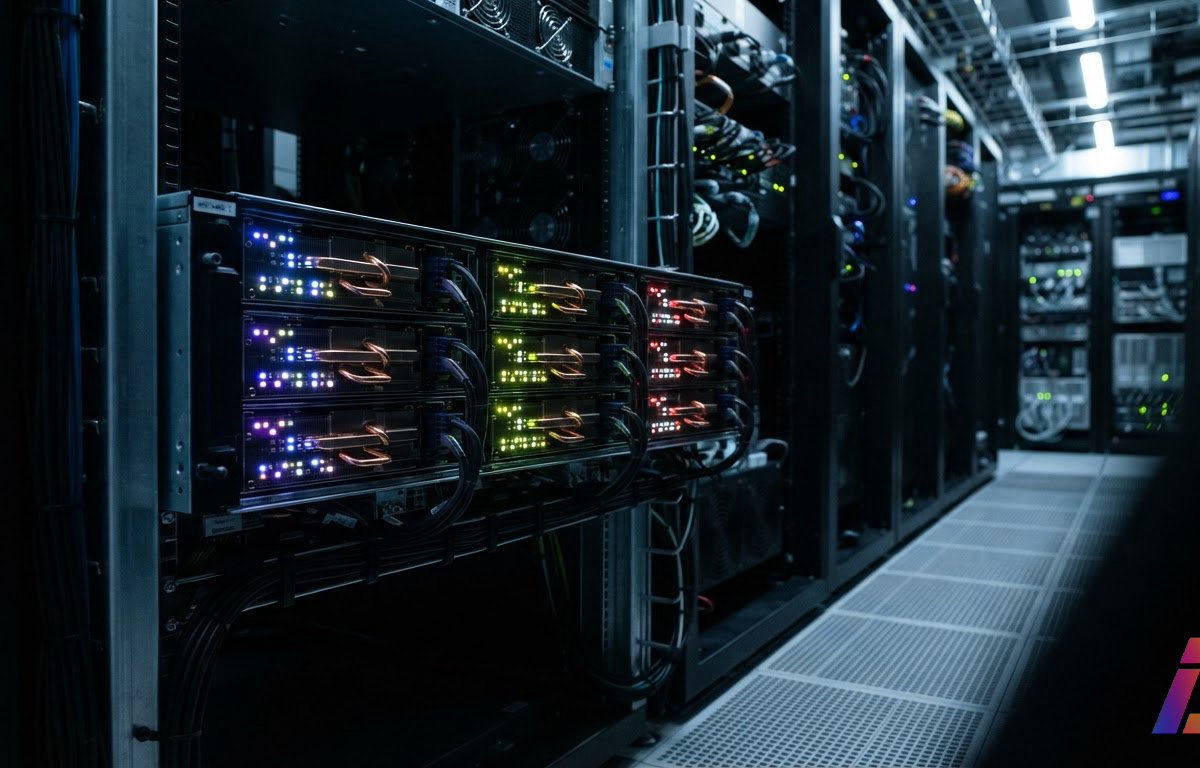 Placas de GPU em servidor acesas com luzes de atividade em corredor técnico iluminado por lâmpadas frias, indicando uso simultâneo por diferentes tarefas